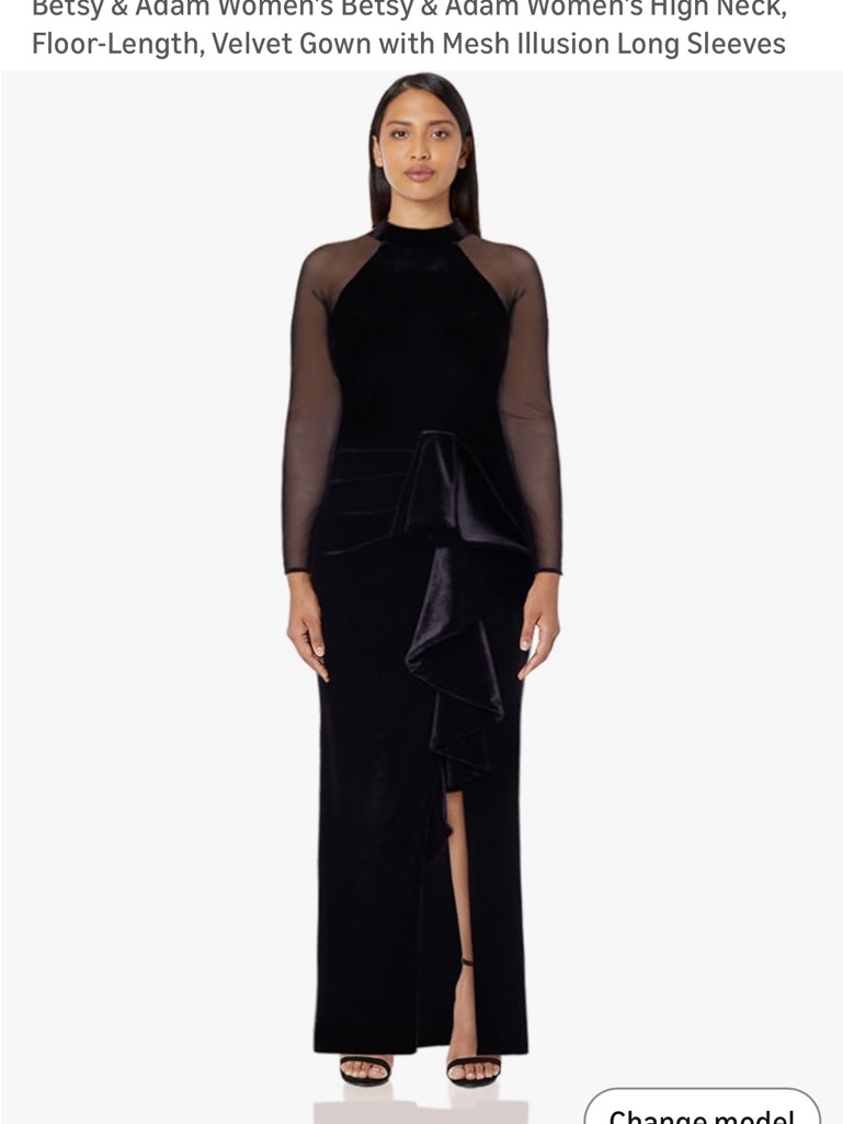 Betsy & Adam Black Velvet High-Neck Evening Gown With Mesh Sleeves